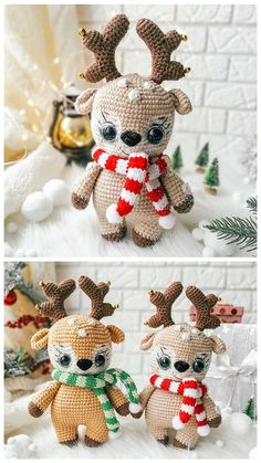 crocheted reindeers are shown in three different ways