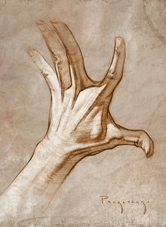 a drawing of a hand holding something in it's right hand with the other hand extended out