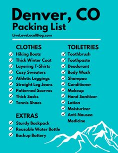 the denver packing list is shown with mountains in the background