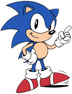 sonic the hedge is pointing at something with one hand and his thumb up in the air