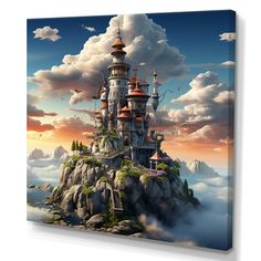 a painting of a castle on top of a mountain with clouds in the sky above it