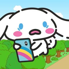 a cartoon character holding a cell phone in front of trees and bushes, with the caption hello kitty on it