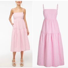 J Crew Seersucker Tie-Back Gingham Pink & White Dress $128 New With Tags. Size 12 Manikin Is Wearing A Size 00. This Listing Is For Size 12 Actual Pictures Of The Dress Listed Very Beautiful In Person! Classy, Cute And Fun! Dress Has Pocketsand Is Fully Lined! Love The Bow On The Back. Crossbody Shown Is Not Included. Visit My Closet And Bundle. 100% Cotton. Falls To Floor, 48" From High Point Of Shoulder (Based On A Size 6). Please Refer To Picture Attached For Measurements Laying Flat. Lined. Summer Gingham Seersucker Dresses, Gingham Seersucker Dresses For Spring, Spring Seersucker Gingham Dress, Spring Gingham Seersucker Dress, Pink Gingham Dress, Long Fitted Dresses, Pink And White Dress, Striped Dress Summer, Elastic Waist Dress