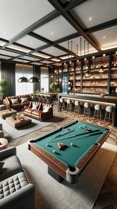 a pool table in the middle of a living room with couches and tables around it