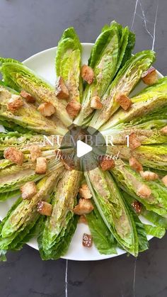 lettuce on a white plate with nuts in the middle