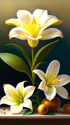 a painting of white lilies and other flowers in a vase on a table top