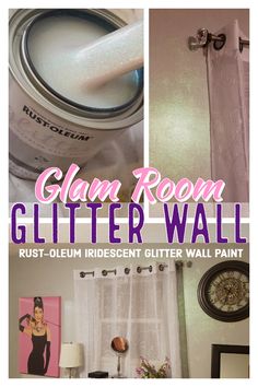 a collage of photos with the words glam room glitter wall