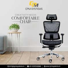 an office chair sitting in front of a wall with the caption creativity needs comfortableable chair