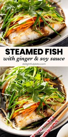 steamed fish with ginger and soy sauce is served on a plate with chopsticks