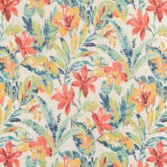 an orange and yellow floral print on white fabric with green leaves, flowers and plants