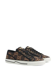 Brown High-top Canvas Sneakers With Vulcanized Sole, Black Sporty Gucci High-top Sneakers, Gucci Lace-up Sneakers With Logo Detail, Luxury Black Gucci High-top Sneakers, Designer Black Gucci High-top Sneakers, Gucci Black Lace-up High-top Sneakers, Sporty Brown High-top Canvas Sneakers, Sporty Brown Canvas High-top Sneakers, Sporty Gucci Sneakers With Embroidered Logo