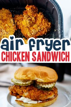 fried chicken sandwich on a plate with the words air fryer chicken sandwich above it