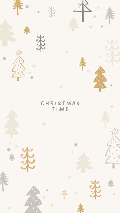 a christmas card with trees and snowflakes on the bottom, in gold and white