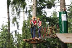 two people standing on a rope bridge in the middle of a treetop adventure park