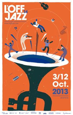 an orange poster with some people dancing around the water and on top of it is a fountain