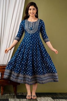 Tie And Dye Anarkali Dresses, Block Print Anarkali Tunic Dress, Ajrakh Midi Dress, Ajrakh One Piece Dress, Polka Dots Kurti, 1 Piece Dress, Long Kurtis, Hijab Cartoon, Kurta Neck Design