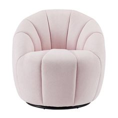 a pink chair sitting on top of a black metal base with a circular seat cushion