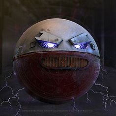 a strange looking object with two eyes on it's face and lightning in the background