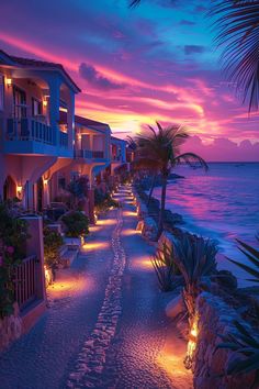 a pathway leading to the beach at night with lights on and palm trees in the foreground