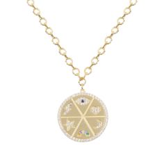 Fine 14k yellow gold medallion necklace features pavé-set diamond around. 14k gold medium weight cable chain is approximately 18" long and can be worn at 16" or 18" length.  This pure gold necklace features a heart, a star sign, an evil eye, a moon, a rainbow. Care tips: It will not oxidize or discolor. But since gold is a very soft metal that scratches easily, give it a wipe with a jewelry cloth once and awhile to keep it fresh. Pure Gold Necklace, Gold Medallion Necklace, September Birthstone Jewelry, Gold Medallion, Forever Jewelry, Medallion Necklace, Jewelry Ring Box, Pearl Jewellery Earrings, Men's Jewelry Rings