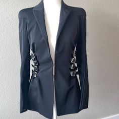 Worn Once Like New Ideal Condition. No Defects Or Imperfections Made In Italy Semi Sheer On Sleeves And Sides Adjustable Sides Will Fit Xs And S Edgy Fitted Blazer For Formal Occasions, Edgy Fitted Formal Blazer, Edgy Fitted Blazer For Workwear, Edgy Fitted Outerwear For Office, Blazer Suit, Suit Jacket, Jackets & Coats, In Italy, Size 4