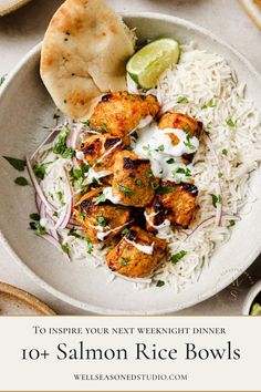 10+ Easy Salmon Rice Bowls Salmon Rice Bowl Recipes, Tandoori Salmon, Rice Bowl Recipes, Weekday Lunches, Dinner Salmon, Salmon Curry, Seafood Dinners, Salmon Rice