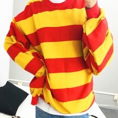 FREE+SHIPPING+WORLDWIDE ONE+SIZE: SLEEVE+58+CM+/+22.8+IN LENGTH+66+CM+/+26+IN SHOULDER+51+CM+/+20+IN CHEST+112+CM+/+44+IN Red And Yellow Outfit, Clowncore Outfit, Yellow Striped Shirt, Snk Cosplay, Kawaii Shop, Yellow Sweater, Red And Yellow, Yellow Stripes, Striped Sweater