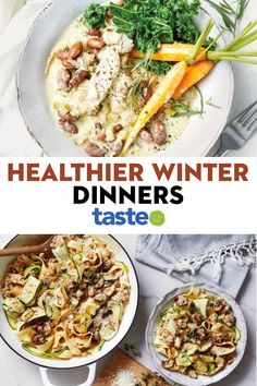 healthy winter dinner with pasta, vegetables and meat