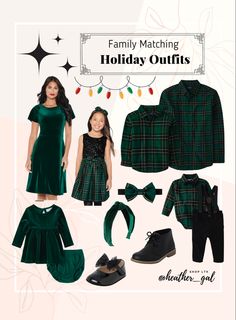 the family matching holiday outfits are green and black