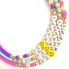 Necklace Be Happy  Adorable Happy Face Necklace! Handcrafted with love and care, these Necklace are perfect to add a touch of joy to any outfit. SURPRISE YOUR SPECIAL PERSON WITH THIS UNIQUE ACCESSORY THEY WILL LOVE. ❤️🎁 🌟Features: Unique happy face design that will bring a smile to everyone around you. Handmade with high-quality materials for durability and comfort. Lightweight and comfortable to wear all day long. Ideal as a gift for girls and little girls 🌟 Product Details: Materials: Happ Trendy Personalized Charm Necklaces For Birthday, Trendy Personalized Charm Necklace For Birthday, Trendy Handmade Birthday Necklaces, Trendy Adjustable Necklaces For Birthday, Personalized Playful Necklace For Friendship, Customizable Trendy Necklaces For Birthday, Trendy Birthday Necklace With Letter Beads, Trendy Customizable Necklaces For Birthday, Customizable Trendy Necklace For Birthday