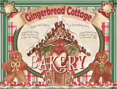 a gingerbread cottage sign with some cookies on it