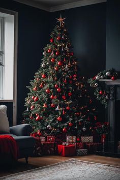 a living room with a christmas tree and presents