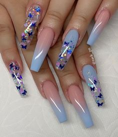 Acrylic Nails Natural, Nail Design Glitter, Blue Acrylic Nails, Coffin Nails Long, Pink Acrylic, Butterfly Nail