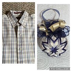 two pictures one with a plaid shirt and the other has a bow tie on it