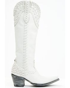 Full-grain leather. 17" shaft height. 2" heel height. Pull on style with pull tabs. Solid white with pearl embellishments and whip stitching White Leather Boots With Rhinestones, White Leather Boots For Wedding, Leather Snip Toe Wedding Boots, Leather Wedding Boots With Snip Toe, Wedding Leather Boots With Snip Toe, Cowgirl Boots Wedding, Boots Wedding, Womens Cowgirl Boots, Bridal Boots