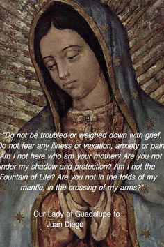 an image of the virgin mary with her hands folded over her chest and words written on it