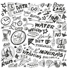 black and white hand drawn doodle illustration of various health related items, including vitamins,