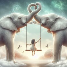 two elephants standing next to each other with a girl on a swing between them