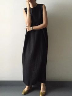 Simple Loose Split-side Sleeveless Long Dress - rrdeye Cotton Robes, Linen Robe, Cotton Sundress, Coffee Black, Sleeveless Long Dress, Total Black, Linen Maxi Dress, Khaki Dress, Long Summer Dresses