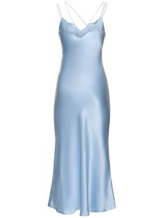 Fixed spaghetti straps. Unlined. Model is wearing a size8 Silk Light Blue Dress, Light Blue Dress, Versace Brand, Light Blue Dresses, Black Baby, Satin Slip, Satin Slip Dress, Catania, Flat Espadrilles