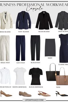 Business Professional Outfits Capsule, Business Formal Capsule Wardrobe, Business Professional Wardrobe Basics, Business Professional Travel Outfits, Corporate Attire Women Capsule, Easy Business Professional Outfits, Business Formal Women Summer, Workwear Outfit Ideas, Formal Wardrobe Women