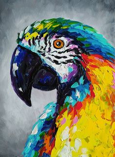 a painting of a colorful parrot on a gray background