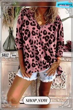 Women's T Shirt Tee Pink Khaki Coffee Leopard Print Long Sleeve Casual Basic V Neck Regular Painting S Pink V-neck Shirt For Fall, Trendy Leopard Print V-neck Top, Trendy Long Sleeve Leopard Print Top, Casual Leopard Print Top With Relaxed Fit, Casual Leopard Print Spring Tops, Women's Outfits By Occasions, Long Sleeve Casual, Leopard Print, Print Design