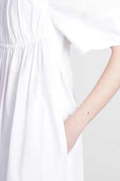 Dress In White Cotton Timeless White Spring Dresses, Elegant Daywear Dresses With Gathered Sleeves, Luxury White Daywear Dress, Luxury Midi Dress For Daywear, Elegant White Dress With Gathered Sleeves, Jil Sander Dress, Jil Sander Shoes, Barbour Steve Mcqueen, Shop Dress