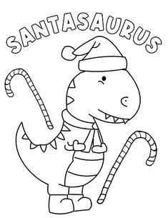 a cartoon dinosaur wearing a santa claus hat and holding a candy cane in his hand