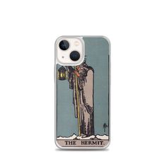 the hermit tarot card phone case on a white background with an image of a person holding