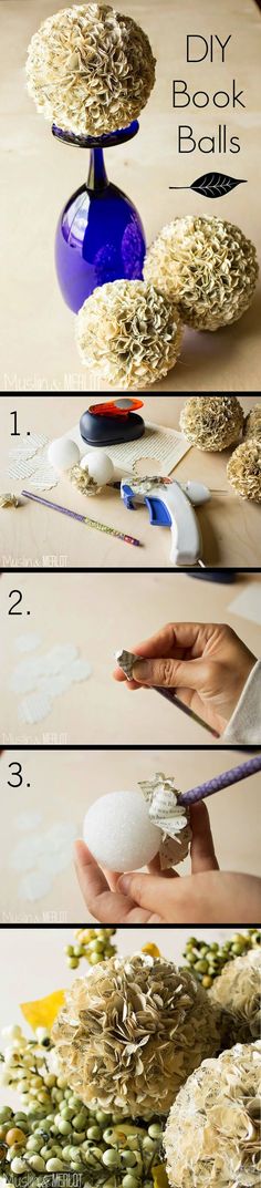 four different pictures showing how to make an ornament out of flowers and seeds