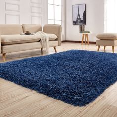 a living room with white walls and wooden floors, blue rugs on the floor