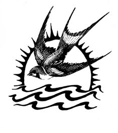 a black and white drawing of a bird flying over water with the sun in the background