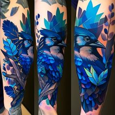 tattoos on the legs of people with blue and purple flowers, leaves and a bird